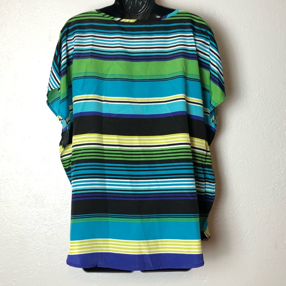 COMO Black batwing shirt blouse blue striped Sz M - Picture 6 of 10